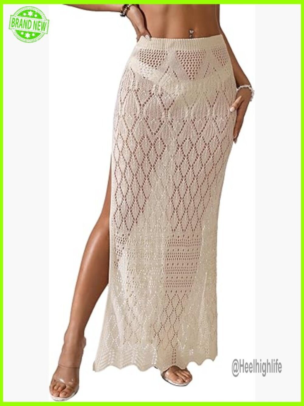 Crochet Knit Maxi Skirt Cover Up Elastic Waist Side Slit Beach Dress